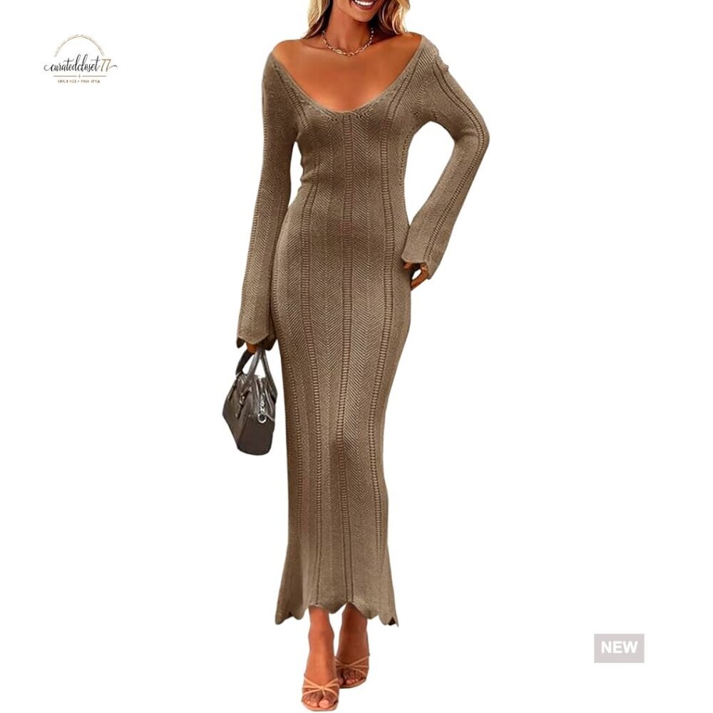 Crochet Maxi Dress Long Sleeve Bodycon Backless Beach Cover Up